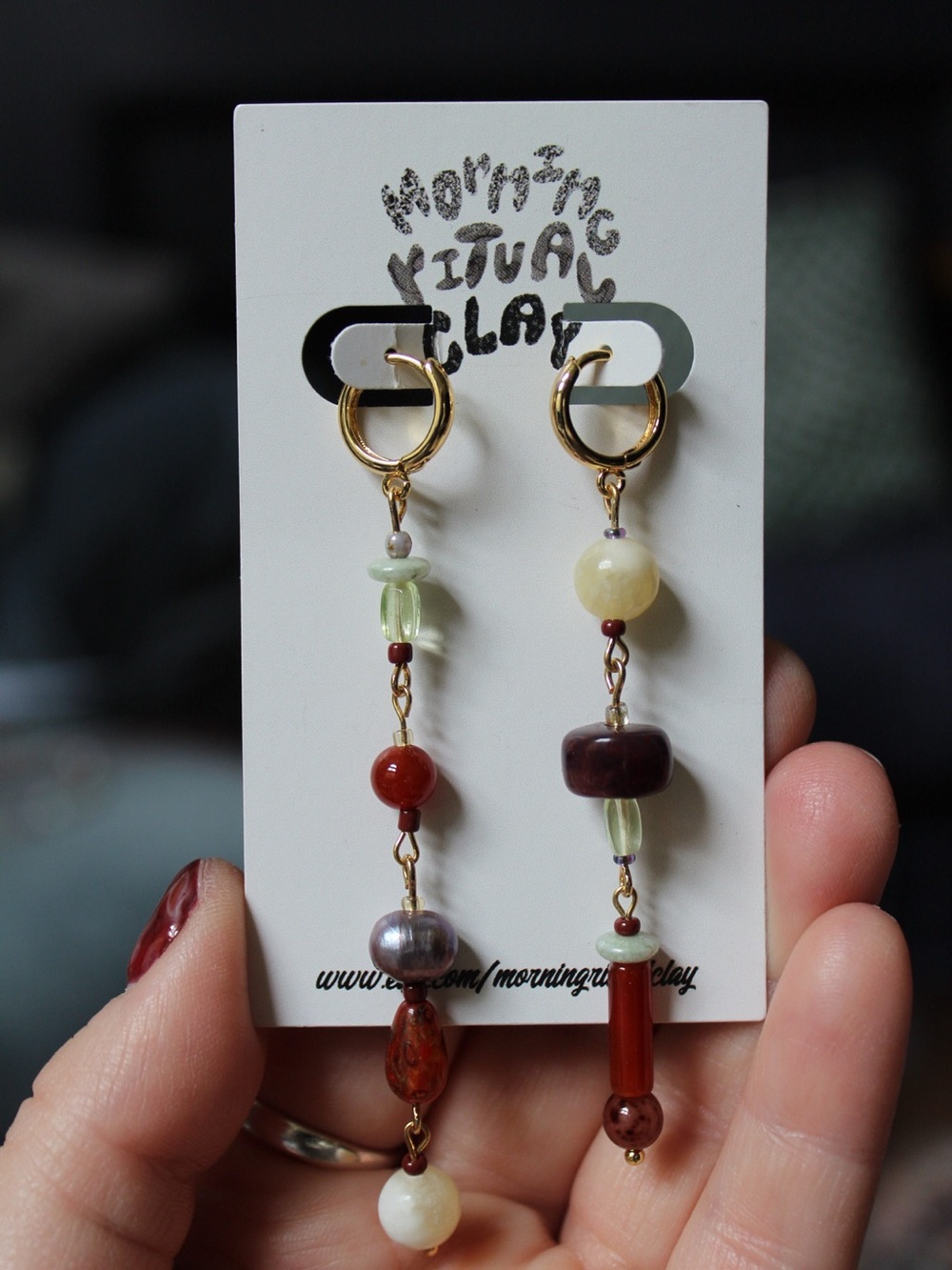 Asymmetrical Multicolor Bead Drop Earrings — Gold Hoops